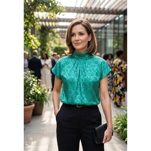 Cindy Collins Vintage Emerald Green Floral Jacquard Mock Neck Blouse Large USA